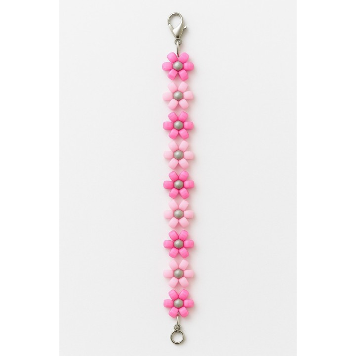 Bracelet fleurs roses – perles grises au centre