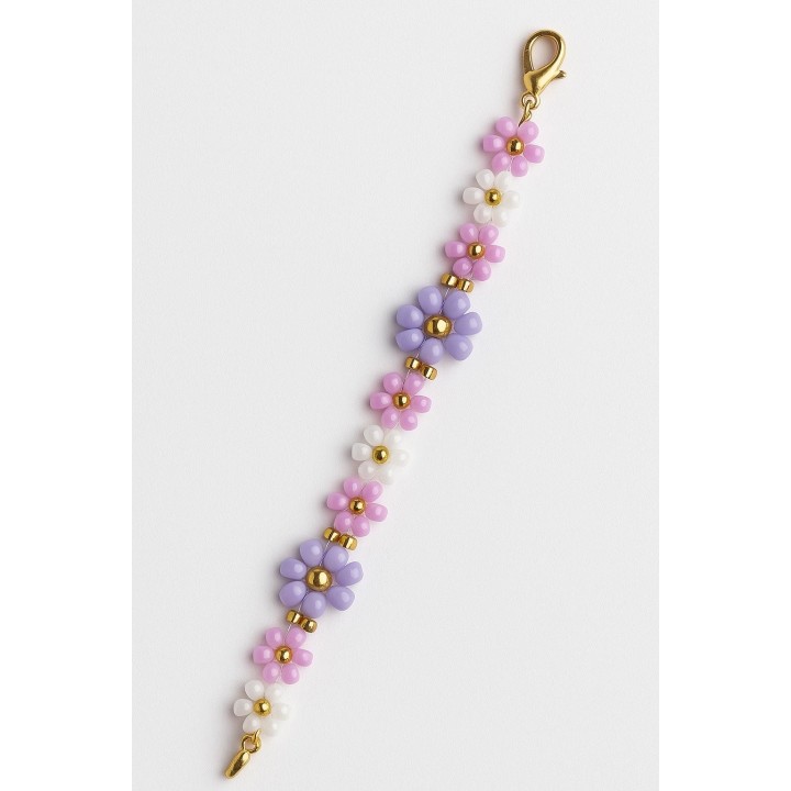 Bracelet fleurs multicolores – violet, rose & blanc, perles dorées