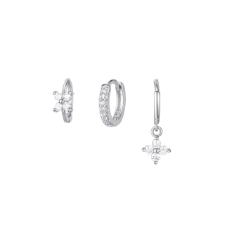 Trio de boucles d’oreilles  – Fleur, créole pavée et pendentif étoile