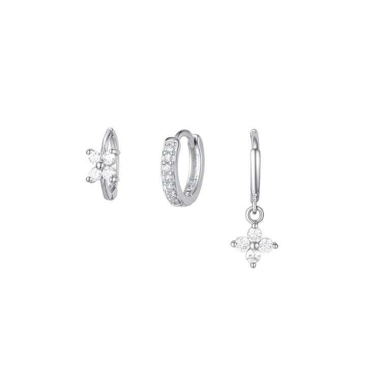 Trio de boucles d’oreilles  – Fleur, créole pavée et pendentif étoile