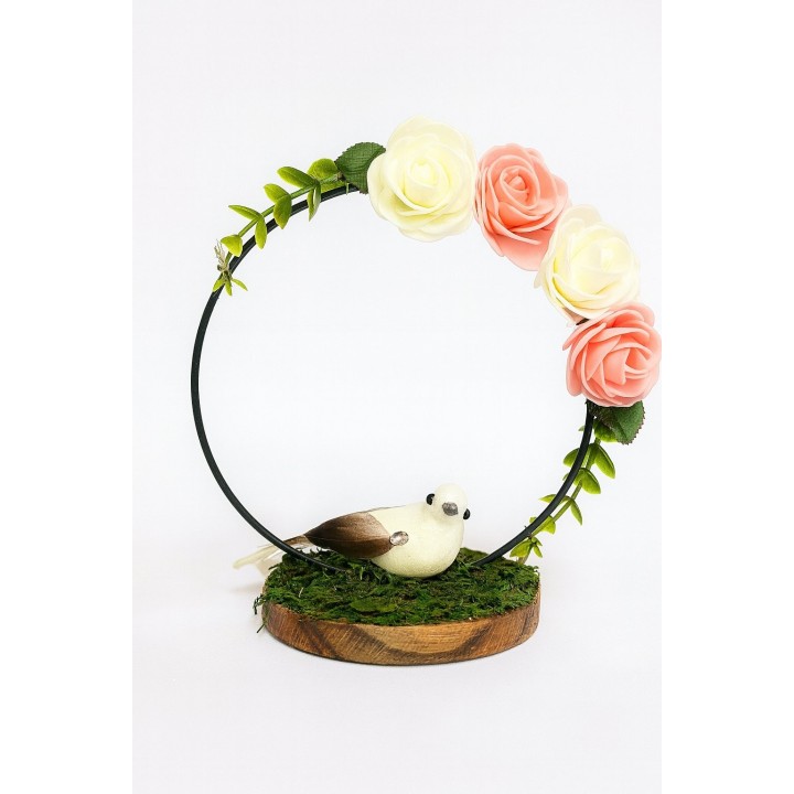 Oiseau et Roses sur Cercle Noir – Décoration Artisanale Unique