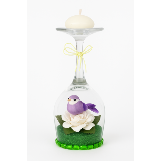Bougeoir Oiseau Violet sur Rose Blanche – Décoration Artisanale Unique