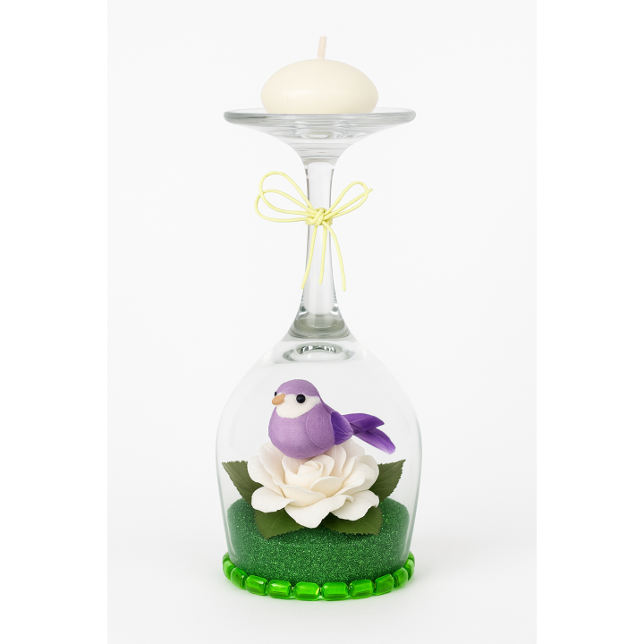 Bougeoir Oiseau Violet sur Rose Blanche – Décoration Artisanale Unique