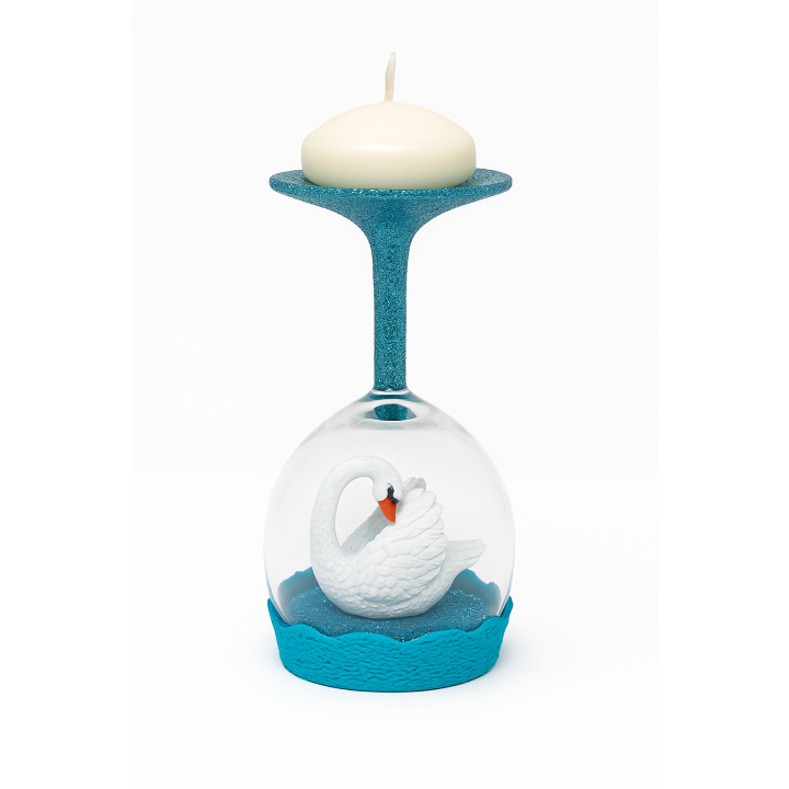 Bougeoir Cygne Blanc sur Base Turquoise – Décoration Artisanale Unique