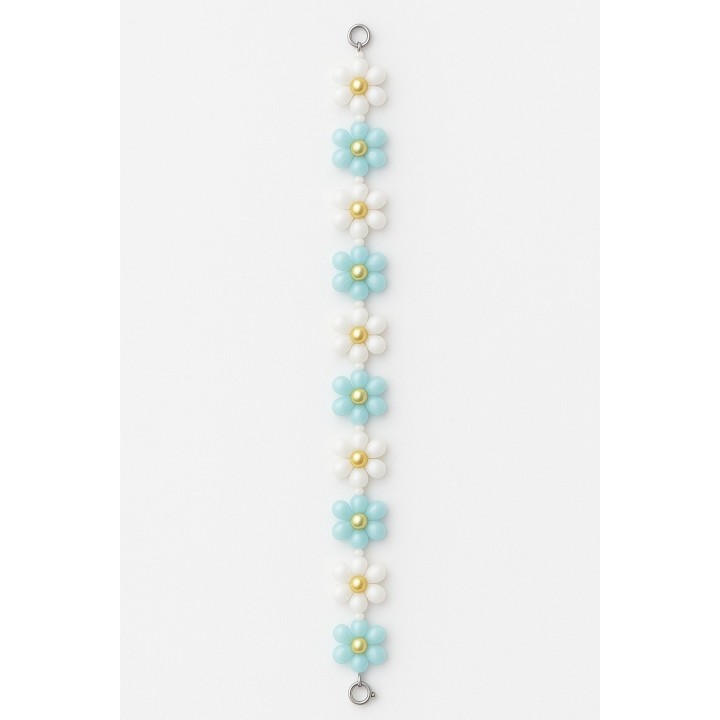 Bracelet fleurs bleu & blanc – perles dorées & nacrées