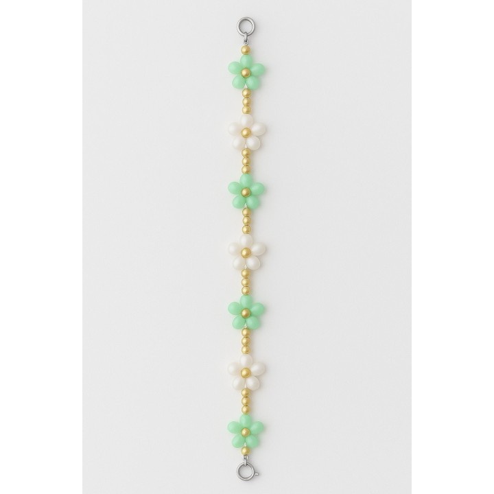 Bracelet fleurs vert & blanc – perles dorées